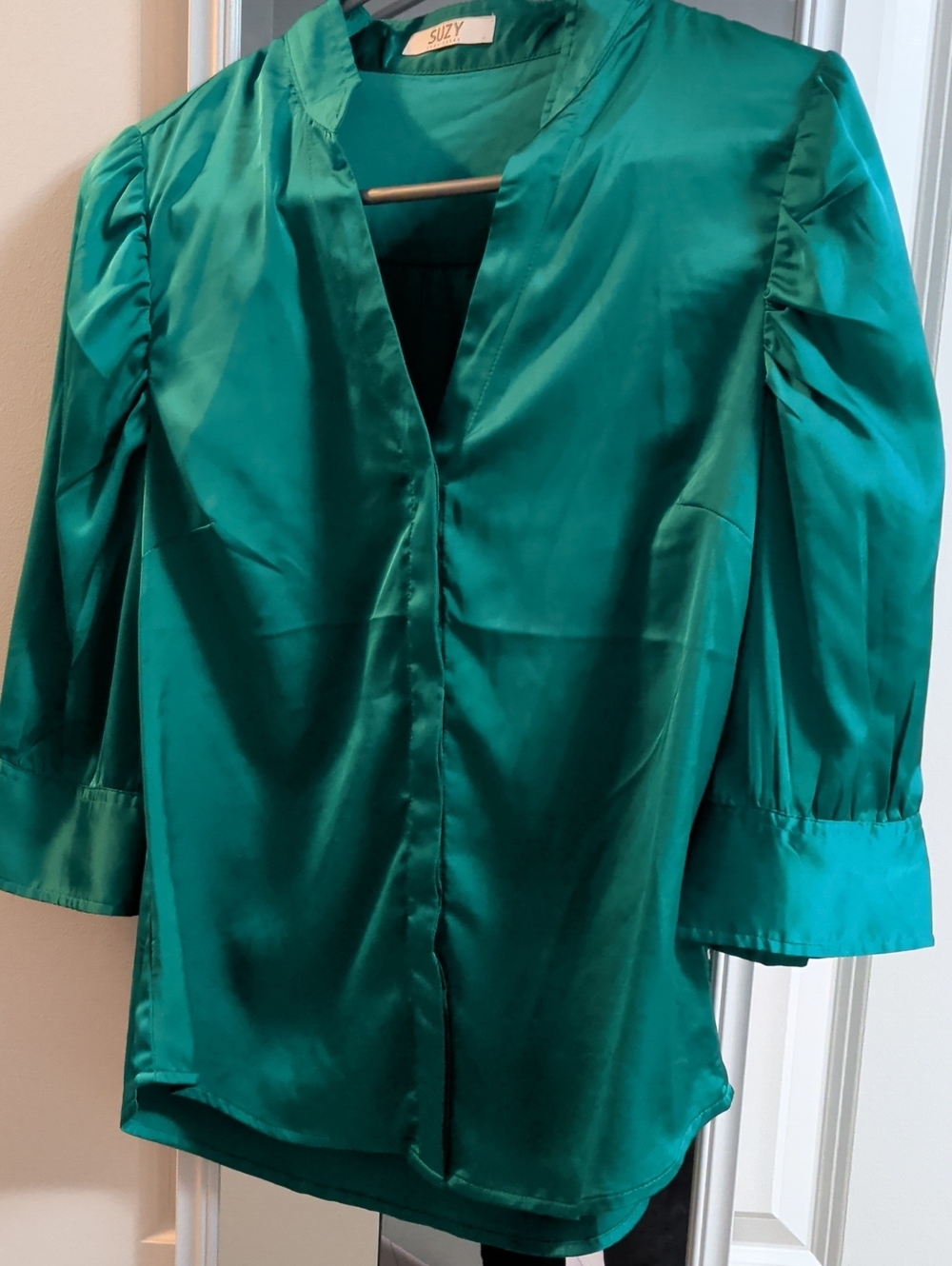 Suzy Shier Teal Satin V-Neck Puff Sleeve Blouse